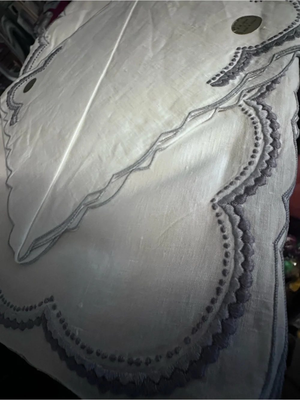 Vintage B.M. Jabara & Sons linen placemat and napkins White with Blue Trim